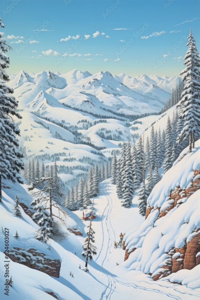 Fototapeta premium snow-covered mountain landscape with ski tracks, created with generative ai