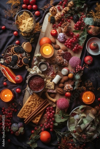 holiday-themed flat lay with decorations and seasonal treats, created with generative ai