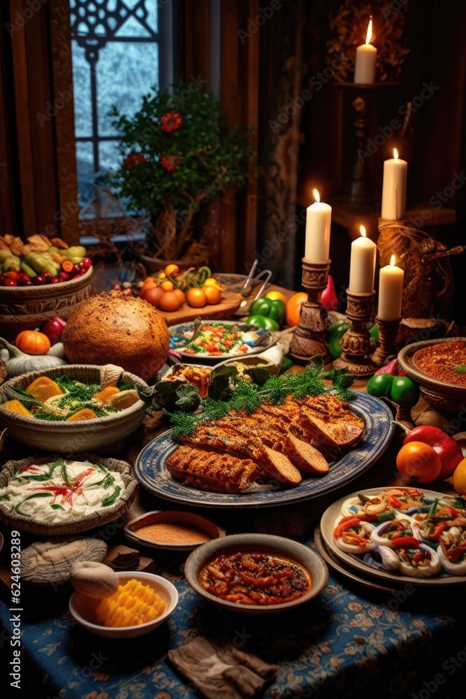 delicious holiday feast with traditional dishes on table, created with generative ai