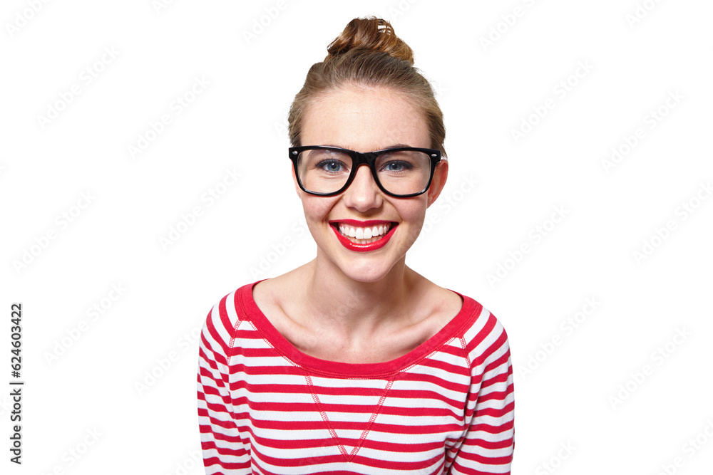 College, glasses and study with portrait of woman on png for nerd, education and youth. Happy, fashion and style with face of student isolated on transparent background for hipster confidence