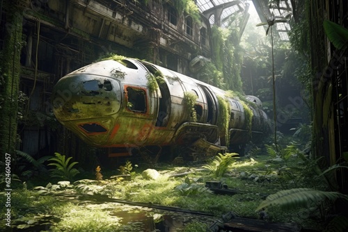abandoned spaceship with broken glass windows in jungle, created with generative ai