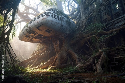 Fototapeta Naklejka Na Ścianę i Meble -  sunlit abandoned spaceship entangled in tree roots, created with generative ai