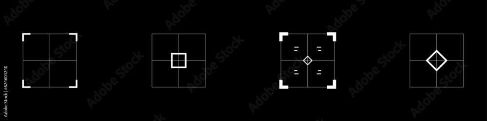 Cyberpunk style rectangle aim set. HUD cyber targets, aims, sights, and crosshairs. A pack of GUI futuristic targets. Collection of cyberpunk style vector design elements.