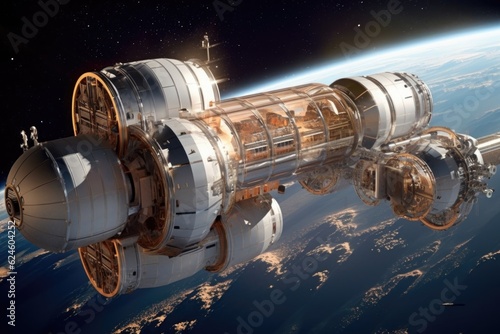 space hotel with recreational facilities in orbit, created with generative ai