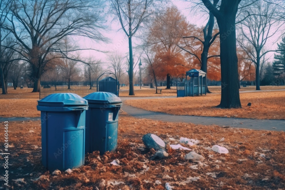 flipped trash cans and scattered litter in park, created with generative ai flipped trash cans and scattered litter in park, created with generative ai