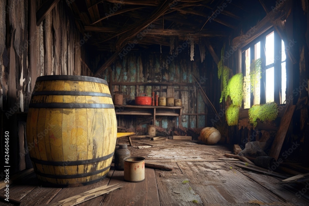 wooden barrel with peeling paint in abandoned barn, created with generative ai