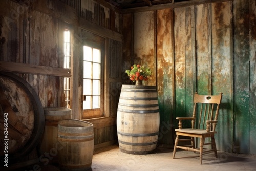 barrel with chipping paint in a historic barn, created with generative ai