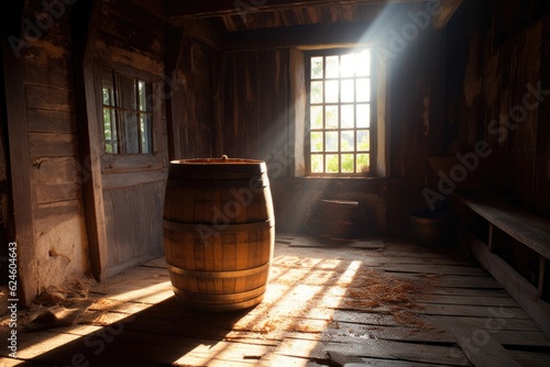 sunlight streaming through cracks in an old barrel, created with generative ai © altitudevisual