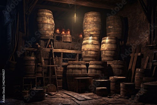 stack of old barrels in a dimly lit cellar, created with generative ai