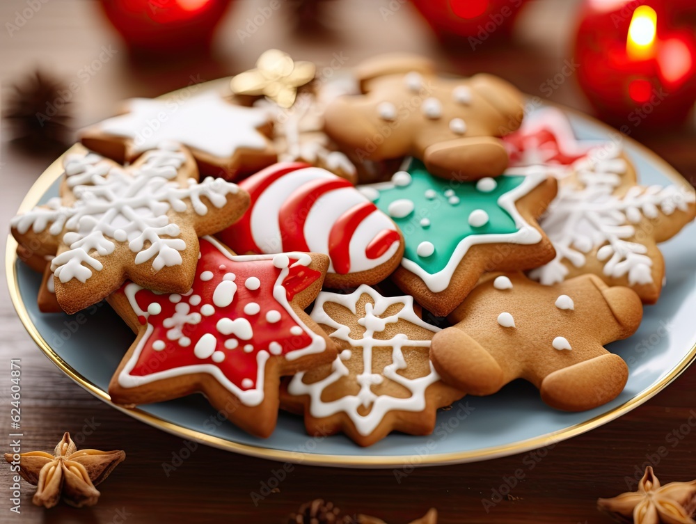 A bunch of freshly baked tasty colorful homemade Christmas cookies on a plate. Generative AI A bunch of freshly baked tasty colorful homemade Christmas cookies on a plate. Generative AI