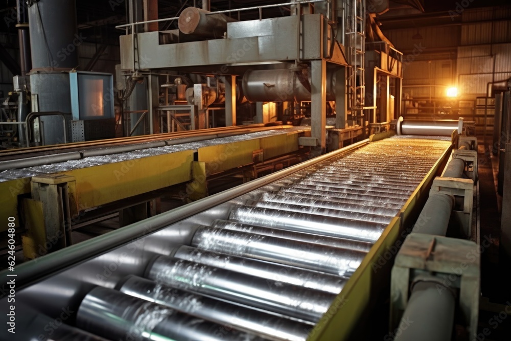 Fototapeta premium aluminum foil on a production line conveyor belt, created with generative ai