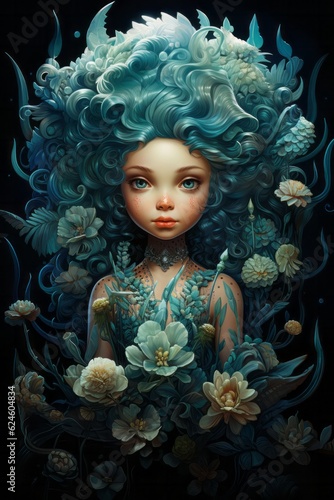 Illustration of a vibrant painting depicting a young mermaid amidst a colourful sea of flowers and swimming fish created with Generative AI technology