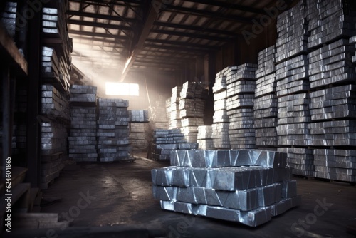 aluminum ingots stacked in a warehouse, created with generative ai photo
