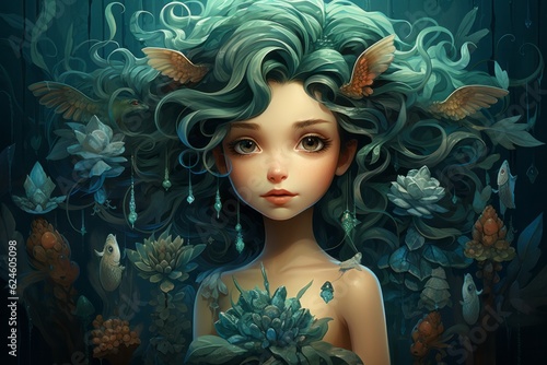 Illustration of a vibrant painting depicting a young mermaid amidst a colourful sea of flowers and swimming fish created with Generative AI technology