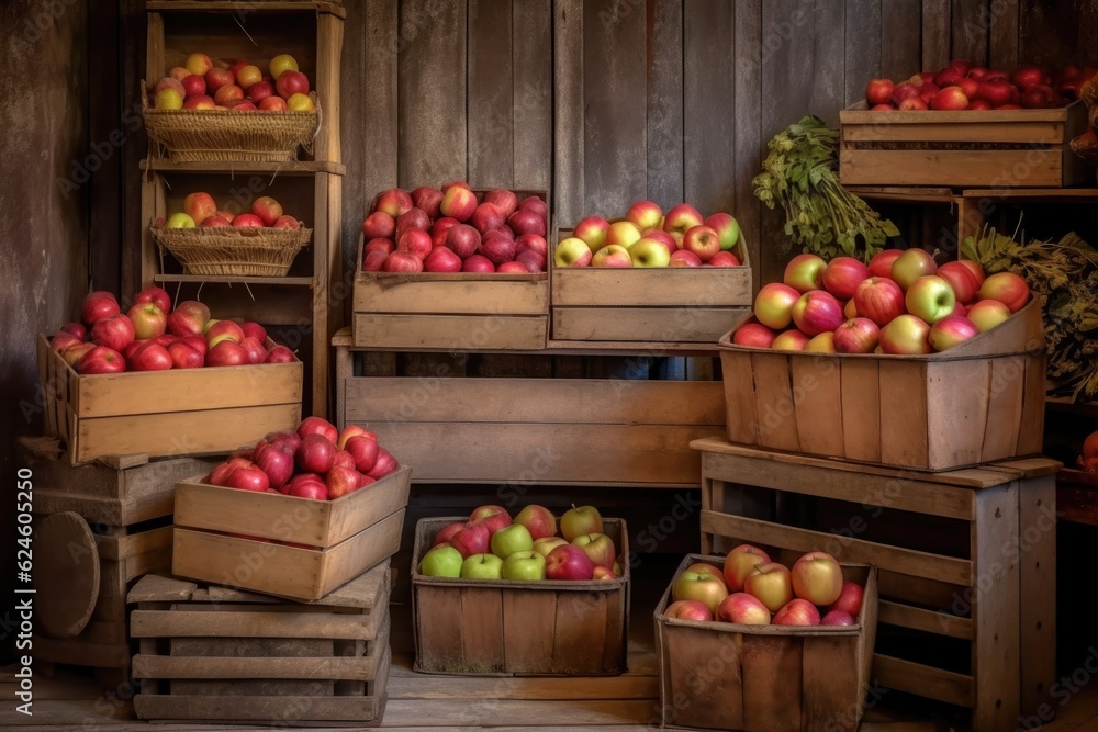 variety of apples displayed in rustic wooden crates, created with generative ai