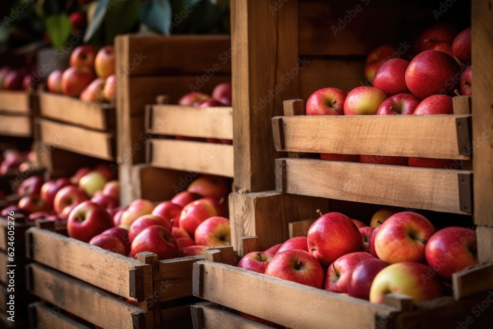 close-up of ripe apples in wooden crates, created with generative ai close-up of ripe apples in wooden crates, created with generative ai