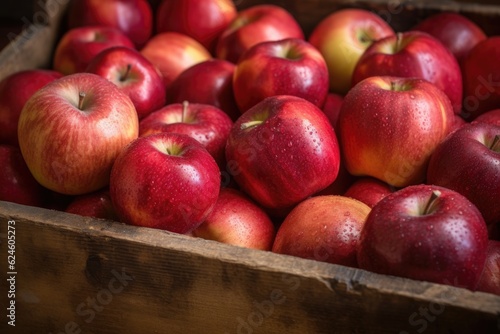 close-up of juicy red apples in a rustic wooden crate, created with generative ai