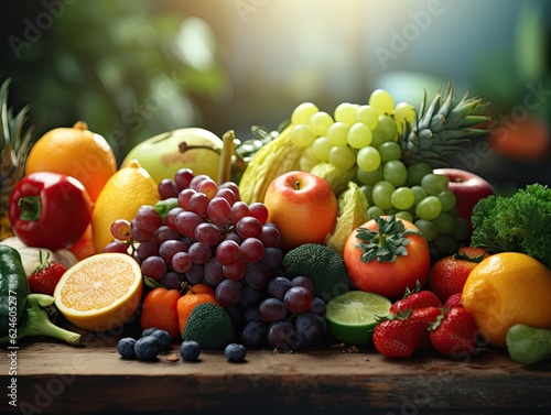 Flat lay of fresh juicy organic mixed fruits and vegetables. Still life colorful assorted fruits and vegetables. Generative AI.