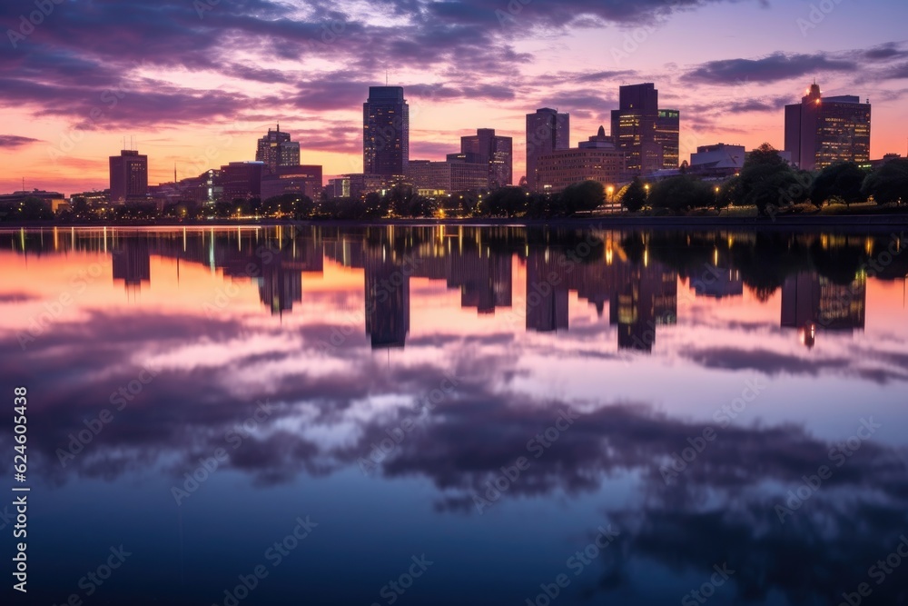 city skyline reflection on calm river during twilight hours, created with generative ai