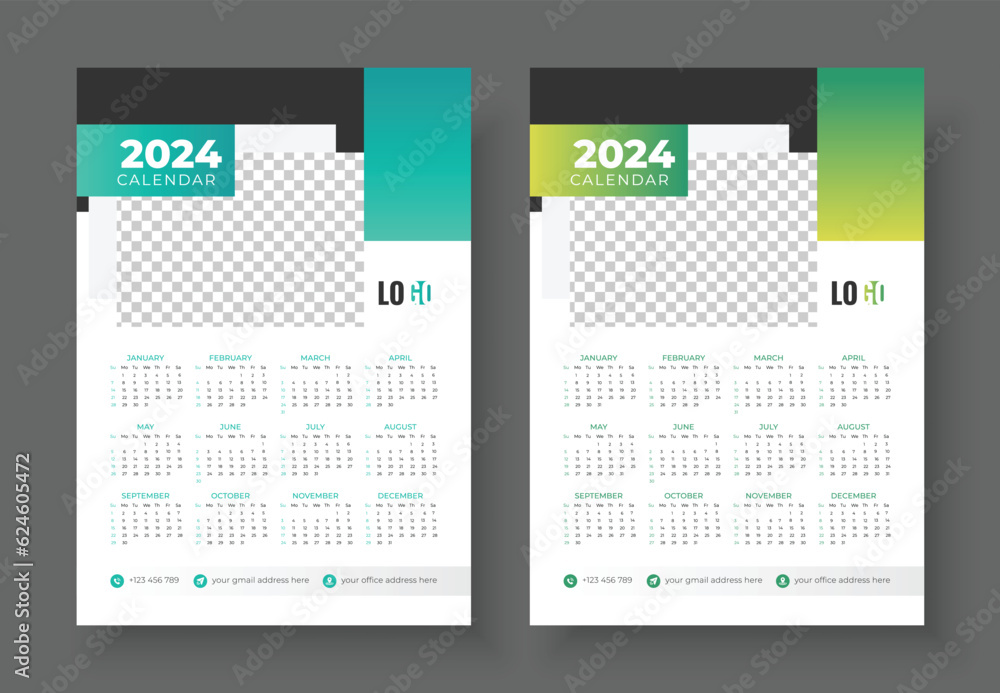 Wall Calendar 2024 Template Design. Print Ready One Page wall calendar