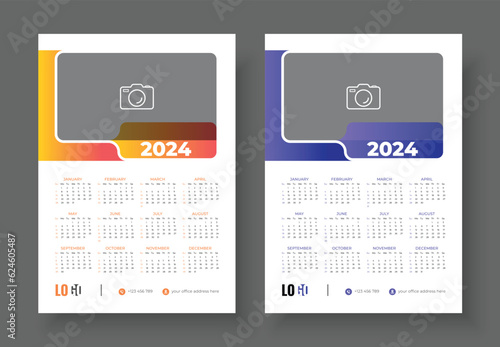One page wall calendar design for 2024. Modern wall calendar design 2024. Minimalist style calendar. Week starts on Sunday. vector layout template .