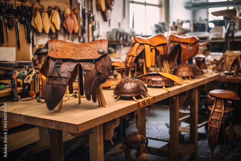 crafted leather saddles on workshop table, created with generative ai