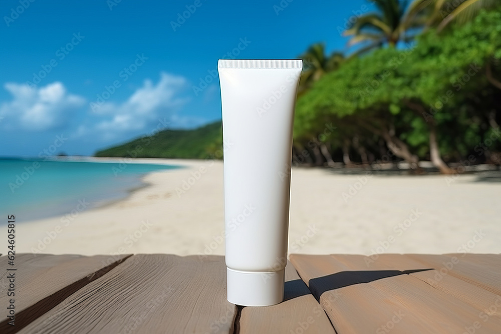 Blank empty white plastic tube. Sunscreen lotion on sandy beach. AI Generated Blank empty white plastic tube. Sunscreen lotion on sandy beach. AI Generated