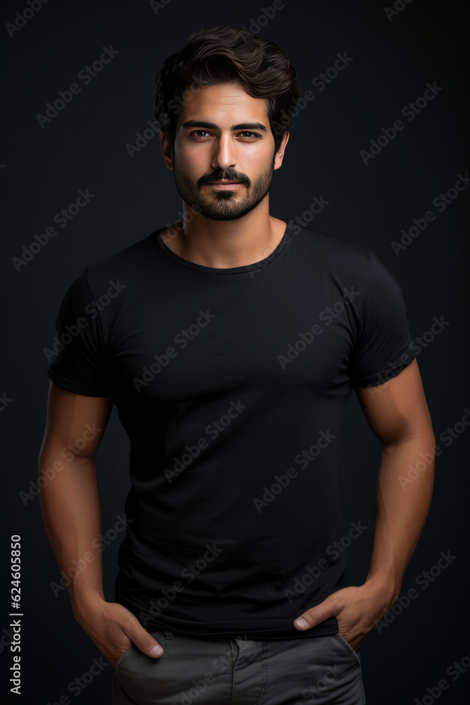 Man in black tshirt isolated on black background. AI Generated