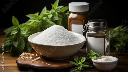 stevia sugar in the wooden bowl, with fresh stevia leaves. AI Generated
