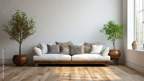 casual sofa in front of a single white empty wall, oiled wooden floor. AI Generated © wolfhound911