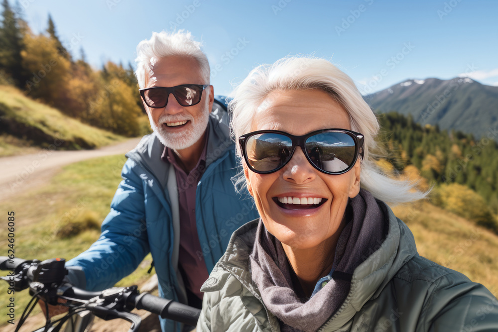 Happy older couple explores nature by bike on sunny day. AI Generated