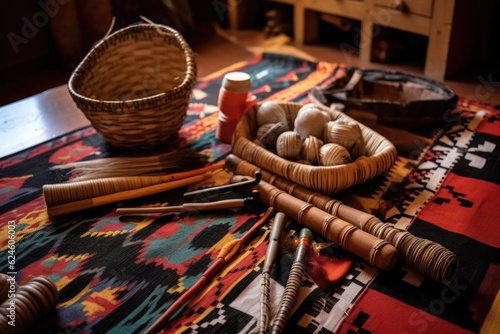 traditional navajo weaving tools on a table, created with generative ai