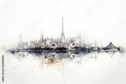 double exposure mid century modern Istanbul city, Bosporus bridge, and Paris city Eiffel tower together. AI Generated