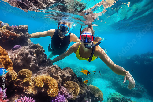 happy couple snorkeling in a wonderful coral reef. AI Generated
