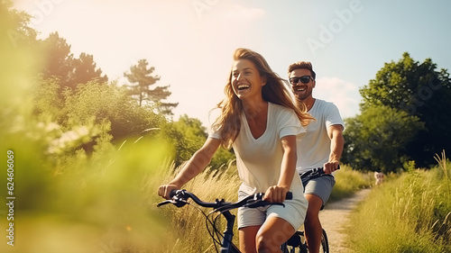 Happy young couple explores nature by bike . AI Generated photo