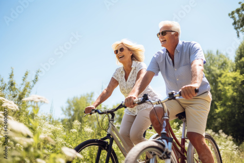 Happy older couple explores nature by bike on sunny day. AI Generated #624606077