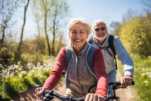 Happy older couple explores nature by bike on sunny day. AI Generated