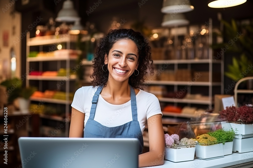 Portrait Cheerful female store owner with a laptop, side view, blurred stationery store background. AI Generated Portrait Cheerful female store owner with a laptop, side view, blurred stationery store background. AI Generated