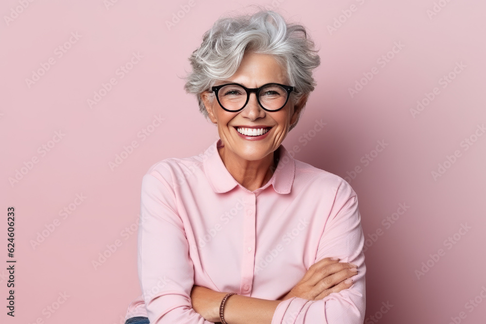 portrait a smiling senior woman with her cat on light pastel pink background. AI Generated portrait a smiling senior woman with her cat on light pastel pink background. AI Generated