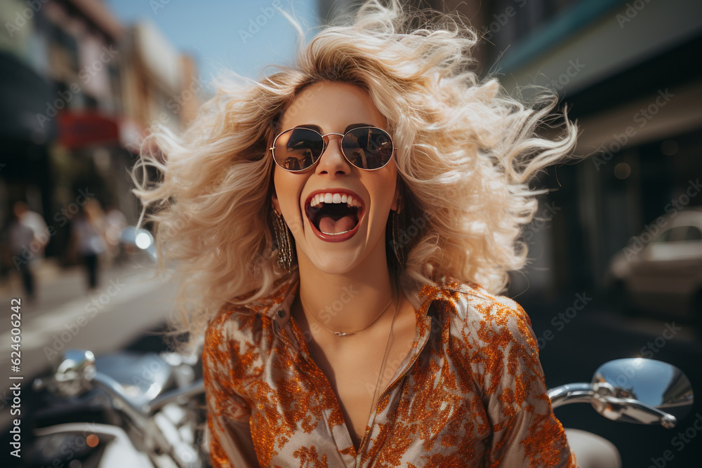 portrait cheerful tourist push a bike in eu metropolis background. AI Generated portrait cheerful tourist push a bike in eu metropolis background. AI Generated