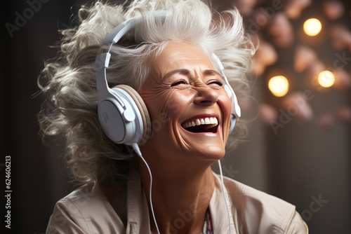 portrait a happy senior woman in wireless headphones dancing, singing. AI Generated