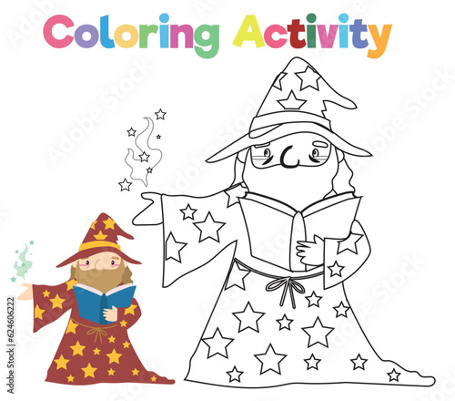 Coloring page a fairytale Medieval Kingdom black and white the male sorcerer or wizard reading the spell book. Vector outline fantasy monarch kingdom. Medieval fairytale a male sorcerer or wizard 