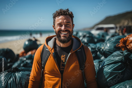 portrait close up smiling mixed race volunteer man collecting trash on the beach. AI Generated