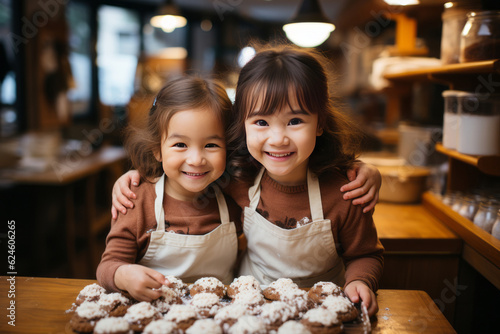 portrait of 2 girl kid making cake bakery in kitchen. AI Generated