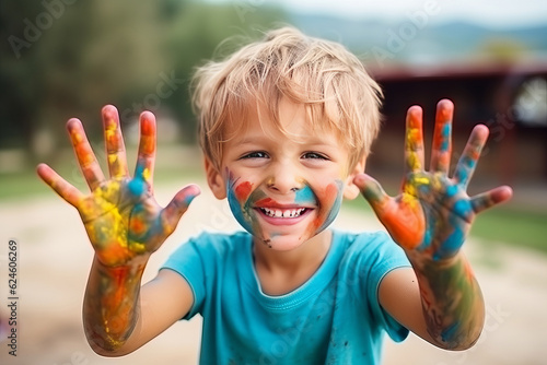 portrait of a funny child boy shows hands dirty with paint. AI Generated