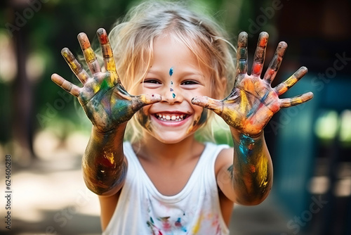 portrait of a funny child girl shows hands dirty with paint. AI Generated photo