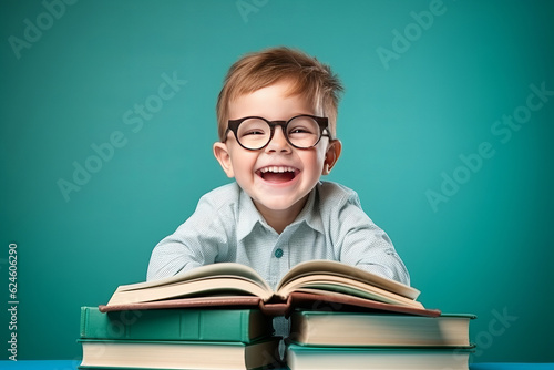 Fotografiet portrait of a happy child little boy with glasses sitting on a stack of books and reading a books, light blue background