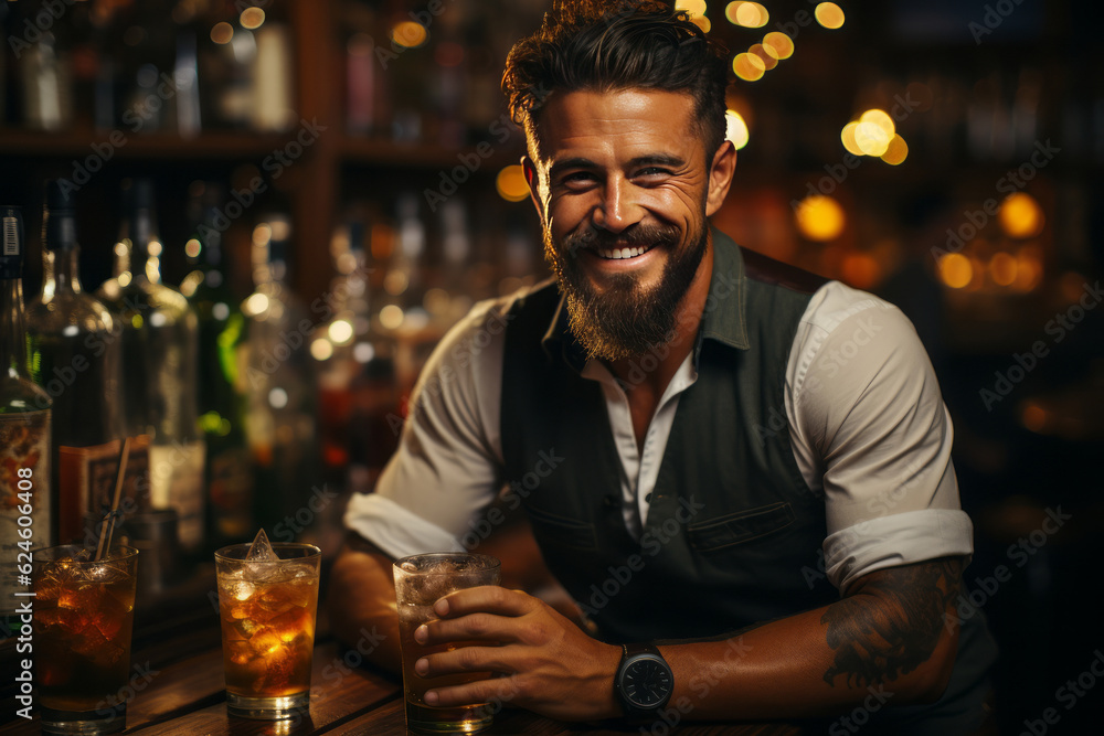 portrait smiling bartender mixes a cocktail in a shaker. AI Generated portrait smiling bartender mixes a cocktail in a shaker. AI Generated