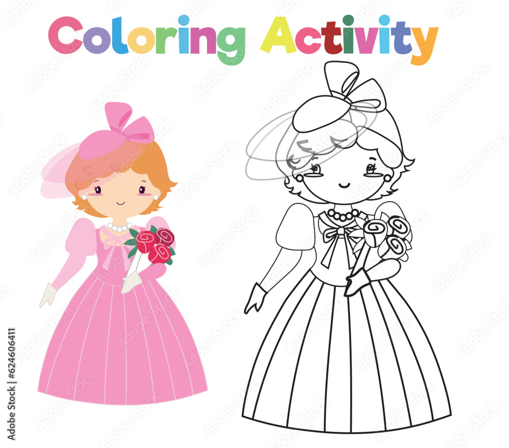 Coloring page a fairy tale Medieval Kingdom black and white the cute princess in pink dress holding a bouquet of flower. Vector outline fantasy kingdom a princess. Medieval fairytale princess Coloring page a fairy tale Medieval Kingdom black and white the cute princess in pink dress holding a bouquet of flower. Vector outline fantasy kingdom a princess. Medieval fairytale princess