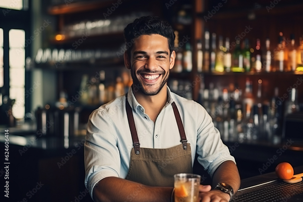 portrait smiling bartender mixes a cocktail in a shaker. AI Generated portrait smiling bartender mixes a cocktail in a shaker. AI Generated